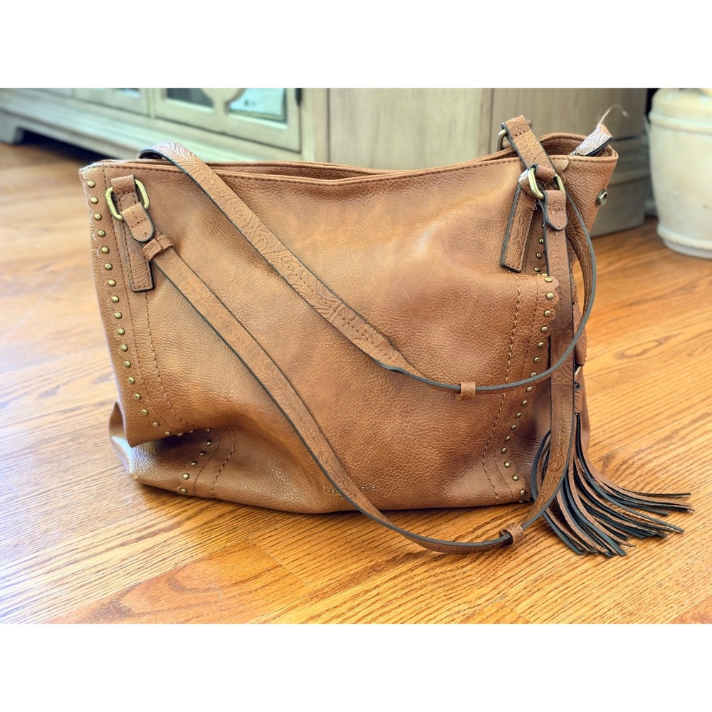 Darcy Marks London Cognac Brown Studded Tassel Hobo Shoulder Bag Boho Western